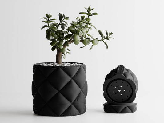 Inflated cloth plant pot with wall mount and drip tray