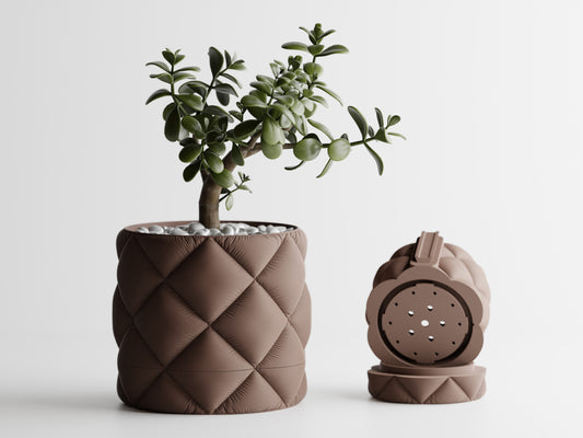 Inflated cloth plant pot with wall mount and drip tray